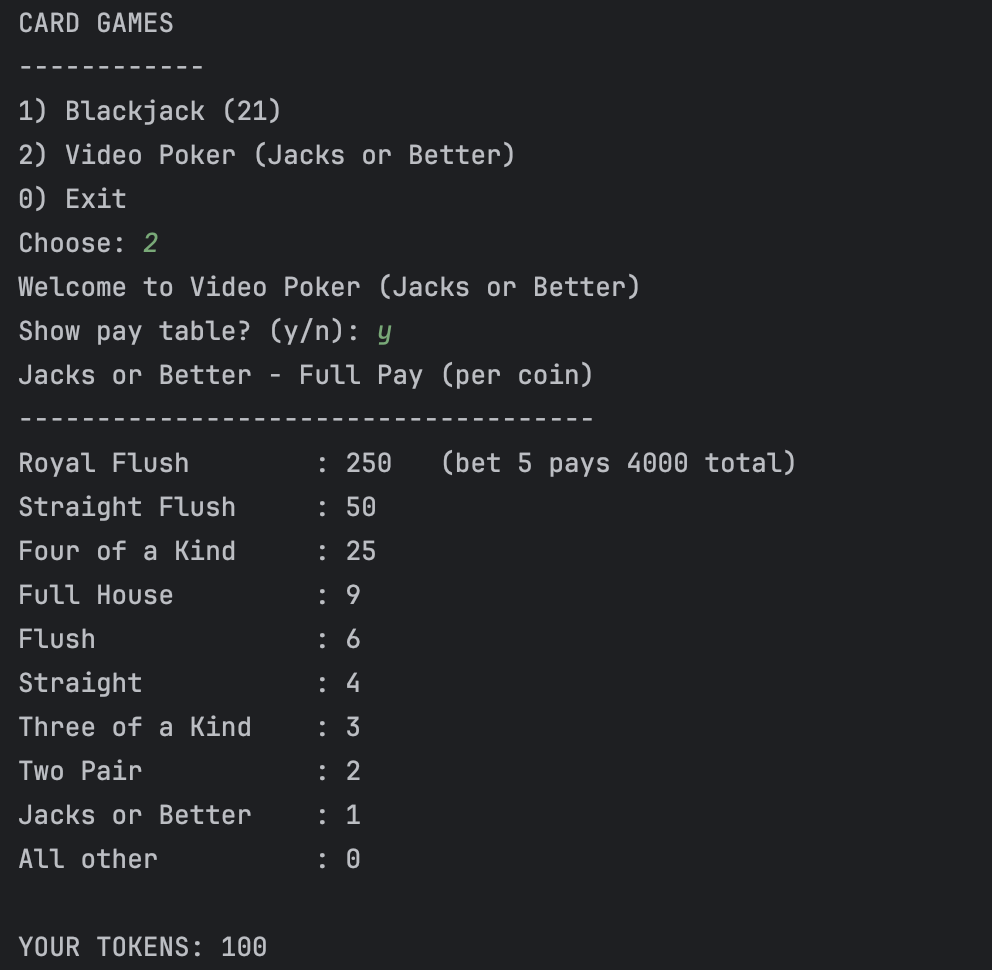 Java Video Poker terminal gameplay